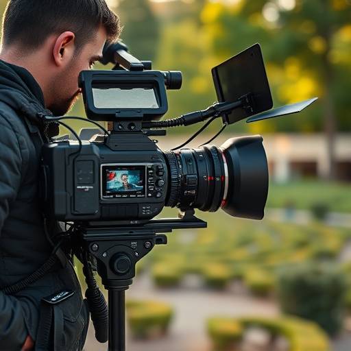 C谩mara de cine profesional durante una filmaci贸n en exteriores
