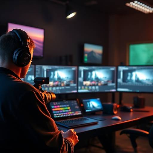 Editor de video trabajando en una estaci贸n de edici贸n con m眉ltiples monitores