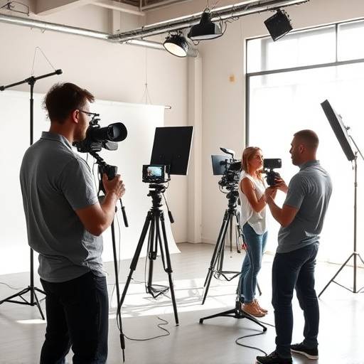 Equipo de producci贸n trabajando en la creaci贸n de contenido para redes sociales en un estudio